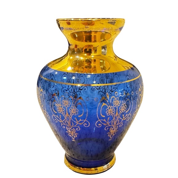 Other - Vintage Cobalt Blue‎ Glass Vase with Gold Encrusted Floral Filigree 5.25in